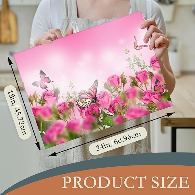 Pink Roses Flowers Dish Drying Mat for Kitchen Counter Decor,Butterflies Dish Drying Rack Pad Absorbent Reversible Microfiber for Coffee Tableware Sink Countertop 18x24 Inch
