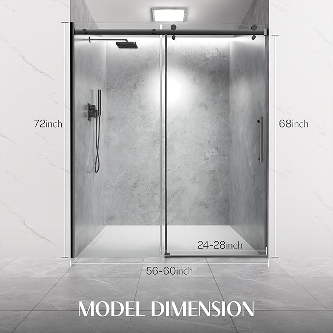 Shower Door 56-60'' W x 72'' H Semi-Frameless & Double Sliding, 1/4 inch (6mm) Thickness Clear Tempered Glass for Walk-in Shower,Matte Black