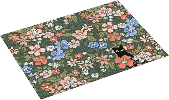 Black Cat Floral Dish Drying Mat For Kitchen Counter Absorbent Large Kitchen Fast Dry Pad Reusable Washable Protector Rack Large Mat 18 X 24