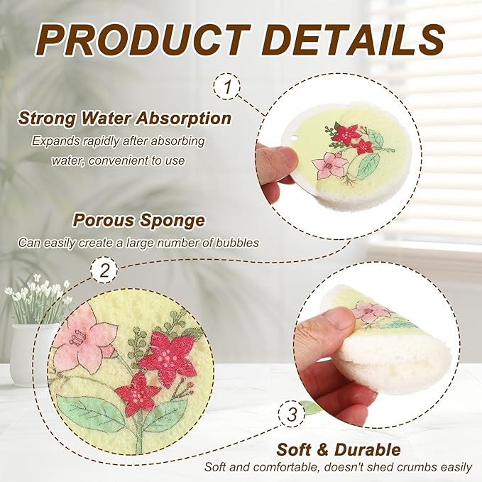 uxcell 6Pcs Cellulose Sponges, Round Kitchen Clean Sponges Non-Scratch Compressed Dish Scrubber with Floral Pattern for Kitchen Household Cookware Bathroom Cleaning & DIY, Light Green