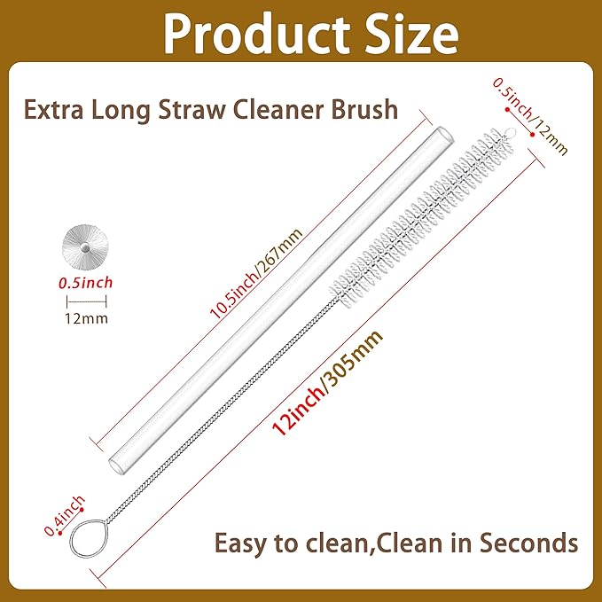 Straw Brush Cleaner with 304 Stainless Steel Handle,Straw Cleaner Brush Extra Long 12 Inch,Extra Wide 12mm Straw Cleaning Brush for Baby Bottles,Sippy Cups and Stanley Cups(6-Pack).