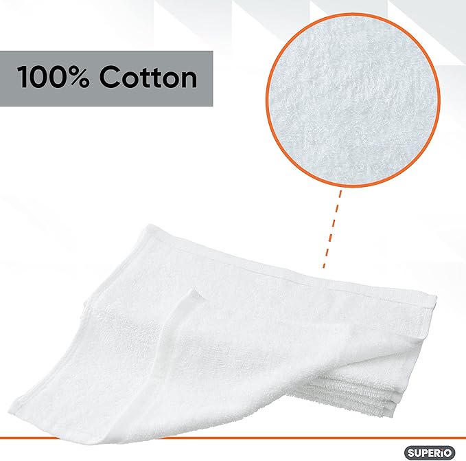 Superio White Washcloths 12 Pack Terry Cloth Rags 100% Cotton 12" Cleaning Cloths, Kitchen Towels, Facial Washcloth, Spa Cloths, Hand Towel, Small Lint Free Rags for Multi-Purposes