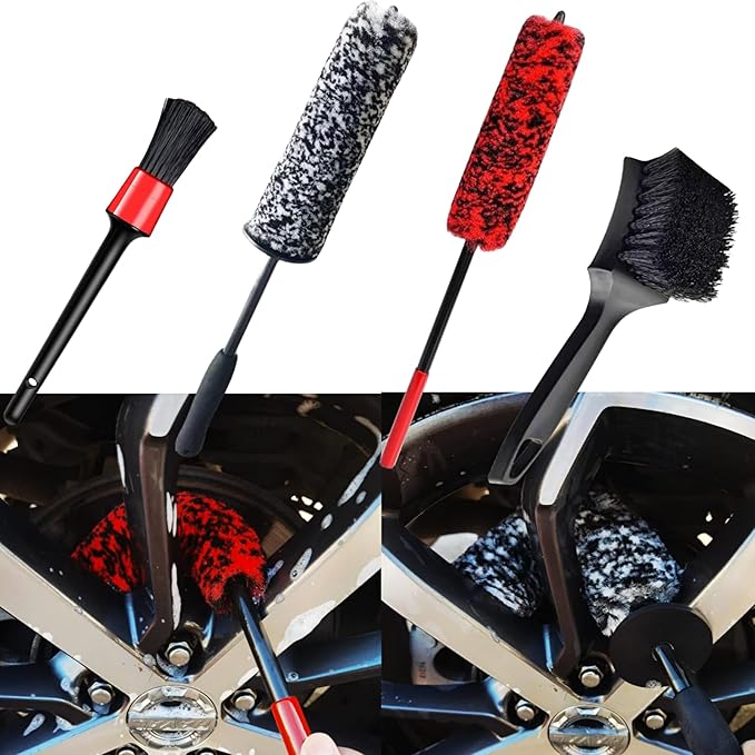 4PCS Wheel Brush Kit for Cleaning Wheel and Tire, Wheel and Rim Brush, Car Detailing Brushes, 360 Degree Bendable & Durable Car Wheel Rim Cleaner Brush Set (Red&Grey)