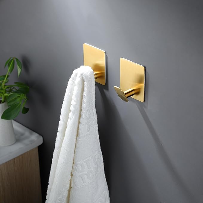 DELITON 8 Pack Gold Wall Hooks - Adhesive Towel Hooks for Bathrooms Kitchen Livingroom Garage, Heavy Duty Hook for Walls, No Damage, Stainless Steel