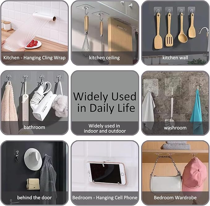 30-Pack Strong Adhesive Wall Hooks for Hanging Heavy Duty, Self Adhesive Towel Coat Hat Hook Bathroom Shower Organizer for Wall,Door,Closet Hanging Hooks, No Drilling (Transparent)