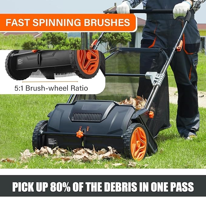 Hand Push Lawn Sweeper, 21" Sweeping Width Floor Sweeper Manual Non-Electric, 3.5 cu. ft. Large Mesh Collection Hopper Bag, 2 Spinning Brushes for Walkway, Yard, Garage, Patio (21")
