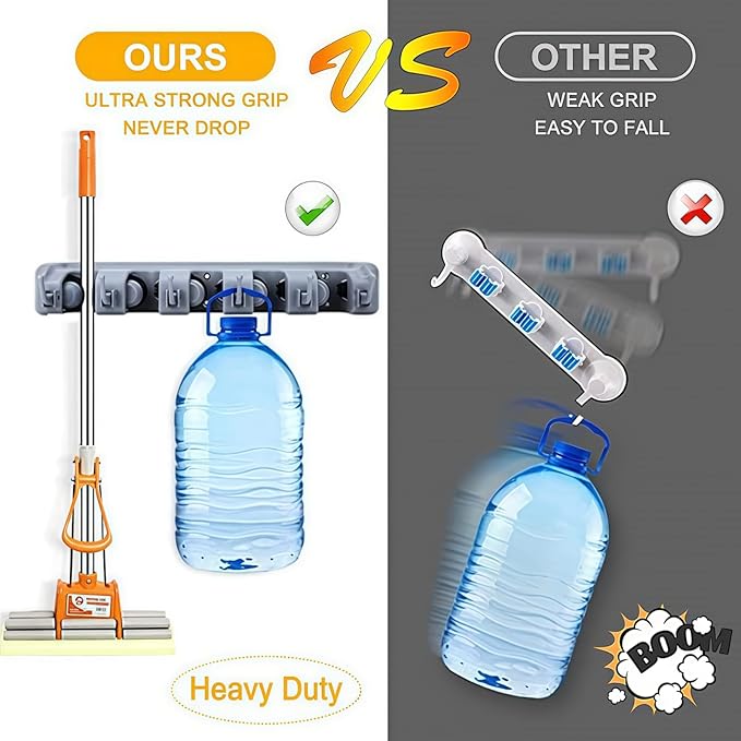 Wall Mount Broom and Mop Holder, Heavy Duty Long Handle Garden Tool Organizer with Hooks & Slots, Garage Storage Wall Hanger for Shovel, Rake, Kitchen, Laundry & Shed