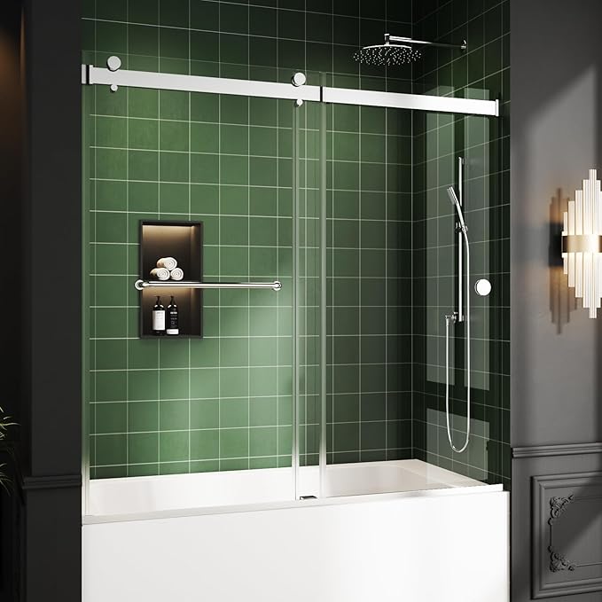 Bathtub Sliding Door, 55"-60" W x 56" H Tub Shower Door, Bathtub Glass Door, Bathtub Double Sliding Tempered Glass Explosion-Proof Film Stainless Steel Brushed Silver