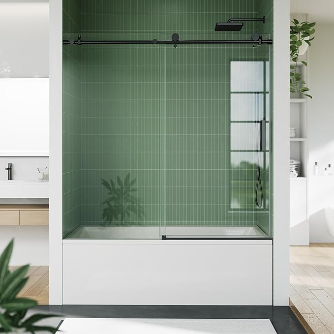 Bathtub Shower Door, 59" Wide x 60" High Sliding Door with 8mm Tempered Glass & Easy-Clean Coating, Matte Black Stainless Steel Top Rail, One Fixed One Sliding Panel