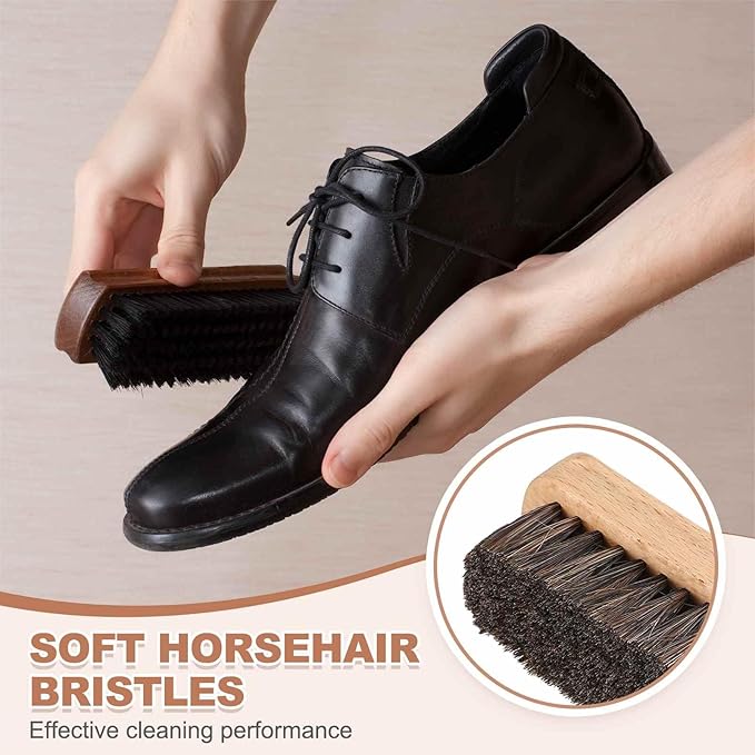 HARFINGTON Shoe Cleaning Brush 6"x2" Beech Wood Horsehair Boot Polish Brushes for Leather Shoes Boots Cloth Cleaner, Brown Wood