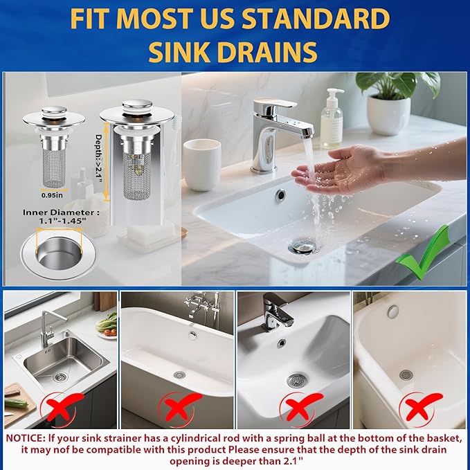 2PCS Bathroom Sink Stopper Strainer, Pop-Up Bathroom Sink Drain Strainer with Removable Stainless Steel Hair Catcher Basket, Universal Fit for US Bathroom Sinks, Bathtubs, Showers & Floor Drains