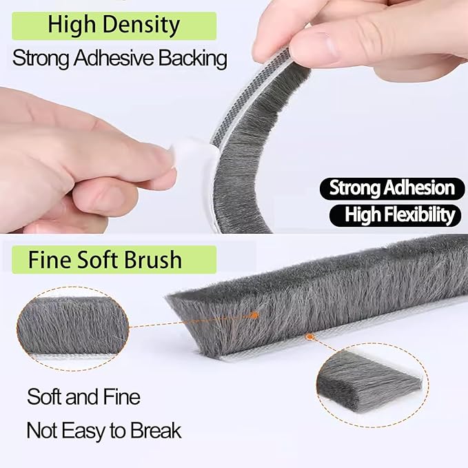 Strong Adhesive Brush Weather Stripping,0.2in Thick x 0.4in(W) x 33FT,Grey for Sliding Windows/Doors - Car Door Seal for Soundproofing,Dustproof,Winter Windproof & Warm,Waterproof,DIY Install