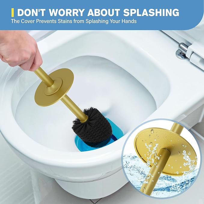 UPTRONIC Toilet Brush, Aluminum Alloy Toilet Brush and Holder Set with Long Handle Durable Bristles Toilet Bowl Brush and Covered Holder for Toilet Scrubber for Bathroom Cleaning (2, Gold)