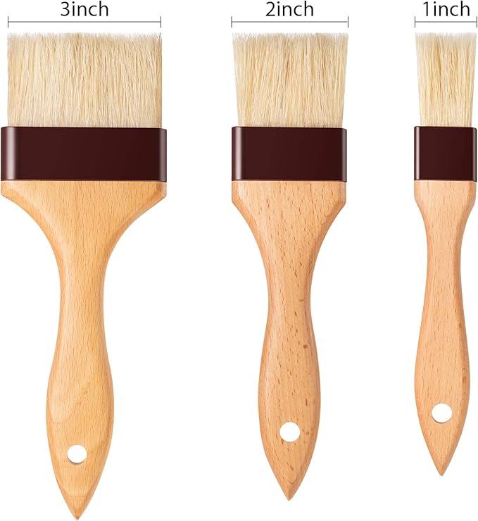 Boao Natural Bristle Pastry Brush Beech Wooden Handle Basting and BBQ Brushes for Cooking, Butter, Oil, Egg, Marinade, Grilling, Baking, Kitchen Food(1, 2, 3 Inch)