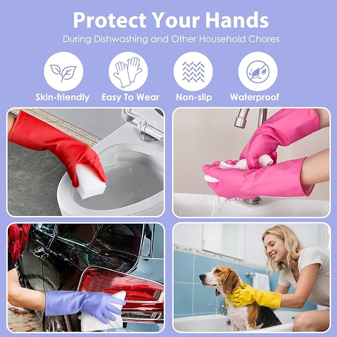Rubber gloves for dishwashing 4 Pairs, Kitchen gloves for dish cleaning gloves, Reusable (Medium, Colorful)