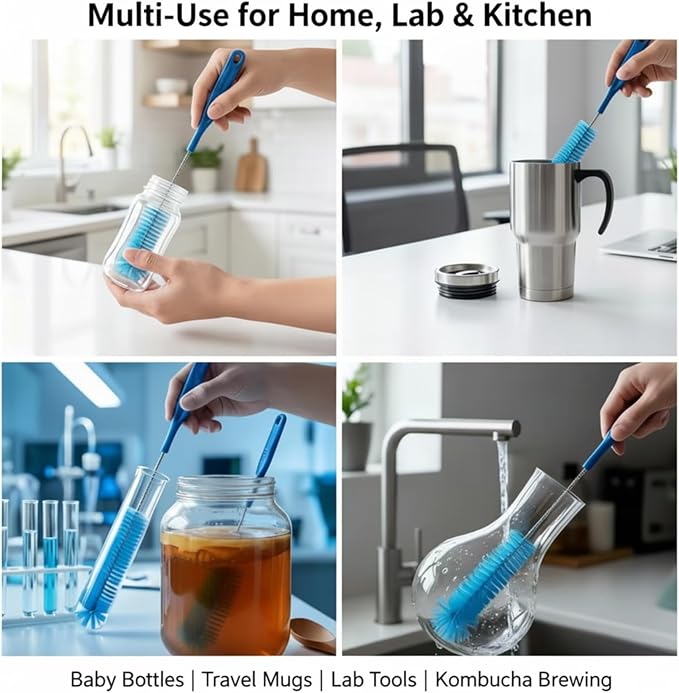 15.5 Inch Long Bottle Brush with 360° Rotating Head - Soft Bristles for Washing Glass, Narrow Neck Bottles, Wine Bottles, Vase, Hummingbird Feeder, Dishwasher Hose & Aquarium Tube, 2 Pack