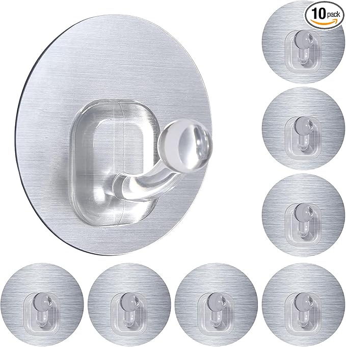 Uten Adhesive Hooks for Hanging 10 Pack, Heavy Duty Wall Hooks 11 lbs, Self Adhesive Waterproof Sticky Robe Towel Hooks for Home, Bathroom, Kitchen, Outdoor