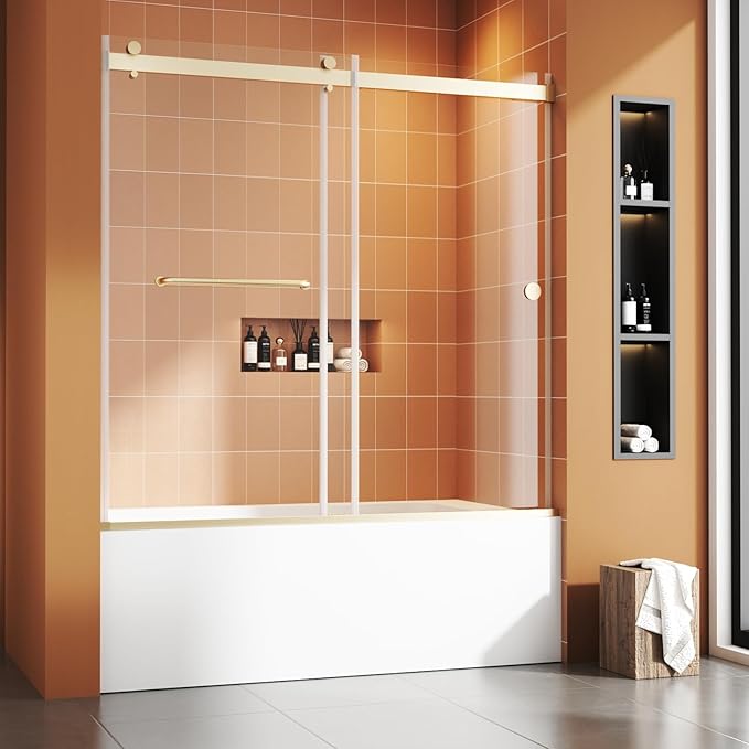 Bathtub Sliding Door 55"-60" W x 56" H Tub Shower Door, Frameless Bypass Bathtub Door Glass, Double Sliding Tempered Glass with Explosion-Proof Film Stainless Steel Gold