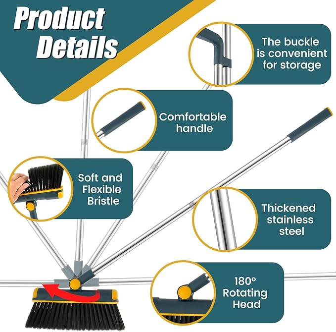 Broom and Dustpan Set for Home, 180° Rotating Broom Combo, Foldable Standing Dustpan and Brush, Long Handle Broom and Dustpan Combo Set with Scraper Teeth for Cleaning Room Office Lobby Floor (A)