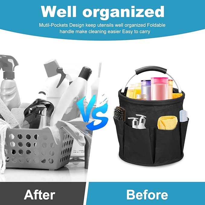 17L Portable Cleaning Bucket Organiser, 6 Pockets Foldable Cleaning Caddy with Handle Wearable Cleaning Caddy Bag for Outdoor Camping Garden Harvest Basket Home Bathroom Storage (Black)