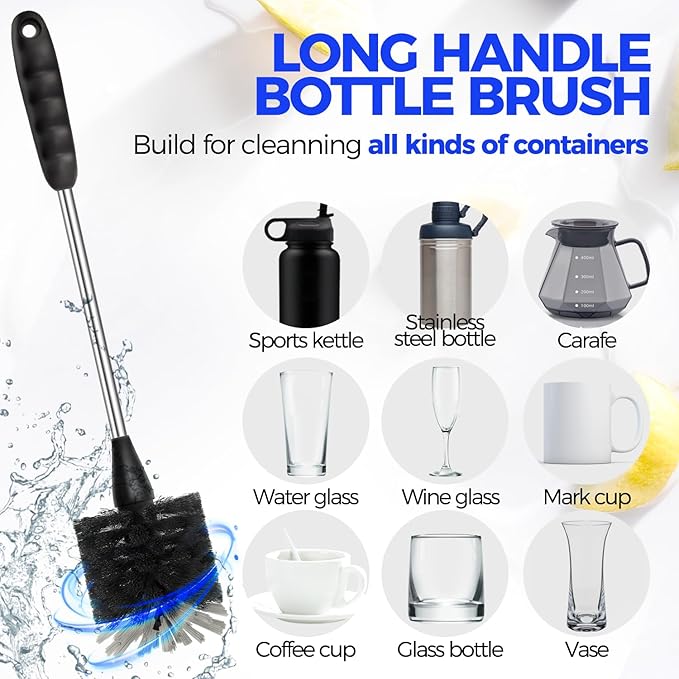 Holikme Bottle Brush Cleaner Set, 14" Long Handle Stainless Steel Bottle Cleaner Brush, 3 Straw Cleaner Brush, Bottle Cleaning Brush for Water Bottle, Cups, Abrasive Wheel Brushes, Straws Black