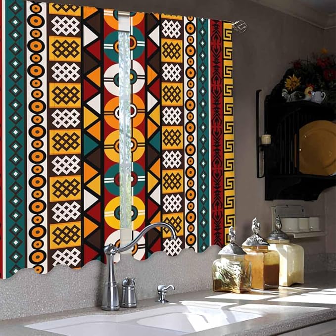 Kente Pattern Kitchen Curtains African Ancient Ethnic Tribal Geometrical Motifs Short Tier Curtains for Bathroom Cafe Small Window Drapes Treatment 2 Panels (27.5x39 Inch)