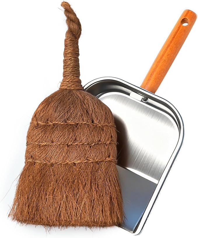 Mini Dustpan and Brush Set, Palm Fiber Handheld Small Broom and Metal Dustpan Combination (Small Broom and Dustpan)