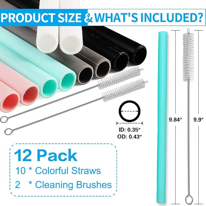Silicone Straws Set of 10 Straight Smoothies Straws Large Silicon Reusable Drinking Straws with Cleaning Brushes Extra Long for 20oz and 30oz Tumbler - Flexible