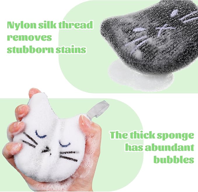 Honeydak 6 Pcs Reusable Cat Scrub Sponges Cat Dish Sponges for Kitchen Pet Shaped Hair Lifter Scrubbers Black White for Scrubbing Cleaning Dishwashing Kitchen Scrubbers for Washing Furniture