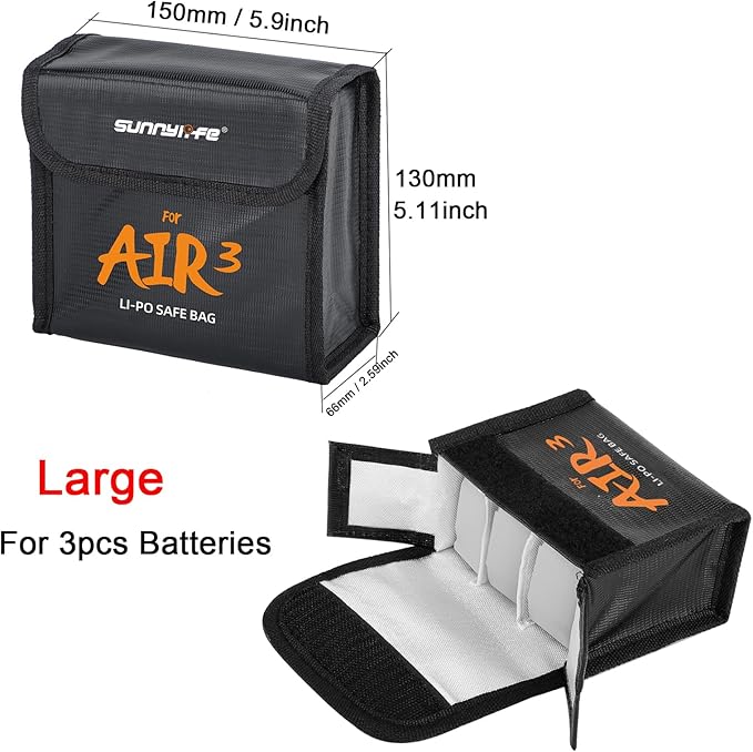 Lipo Battery Safe Bag for DJI Air 3s/Air 3, Explosion-Proof Nylon lithium Battery Fireproof Bag Protection Storage Pouch Pocket Case Accessories (Large - for 3pcs batteries)