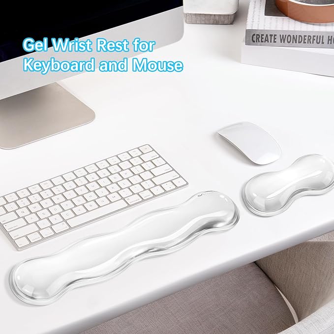 MOSISO Gel Keyboard Wrist Rest&Wrist Support for Mouse, Ergonomic Wrist Pad Soft Cooling Gel Pain Relief Easy Typing Pad Non-Slip Computer Laptop Wave Shaped Home/Office Wrist Cushion, Transparent