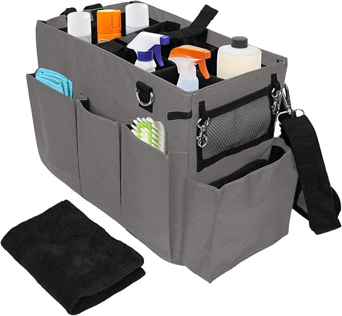 Blue Lilly Large Capacity Durable Cleaning Caddy Bag with Adjustable Straps - Cleaning Bags for Housekeepers, Gray Color, Easy to Assemble & Clean - The Ultimate Cleaning Bag Solution