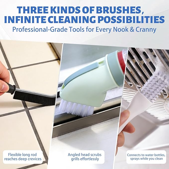 Crevice Cleaning Brush Set，Grill Brush，Hard Bristle Crevice Cleaner Connected to Mineral Water Bottle，for use in: Kitchen, Bathroom Sinks and Corners, Crevices, Window Tracks, and Tight Spaces.4pcs