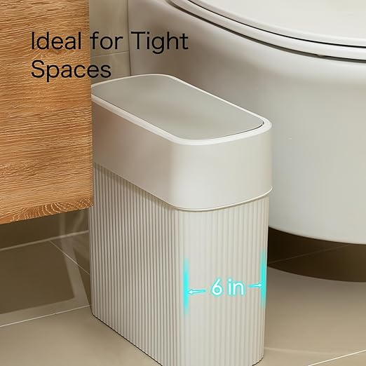 Bathroom Trash Can with Press Top Lid, 3.2 Gallon Slim Garbage Can for Kitchen Cabinet, 12L Dogproof Wastebasket Trash Bin for Office, Bedroom, Living Room, Home Countertop - White