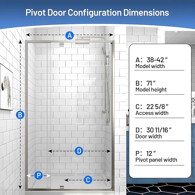 Pivot Glass Shower Door, 38-42" W x 71" H, 1/4"(6mm) Clear SGCC Tempered Glass, Brushed Nickel Finish, Magnetic Closure, Reversible Installation