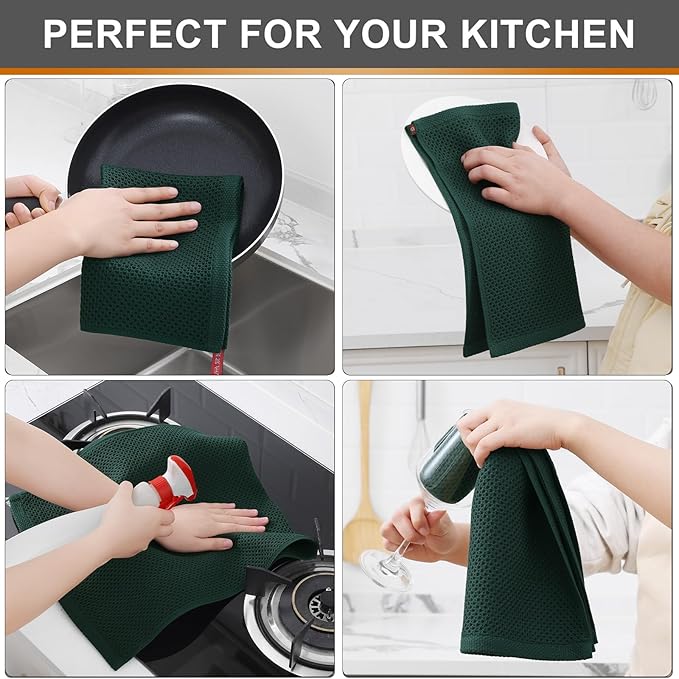 Kitinjoy 100% Cotton Waffle Weave Kitchen Hand Towels (13 X 28 Inches, Blackish Green), 6-Pack Super Soft and Absorbent Dish Towel for Drying Dishes