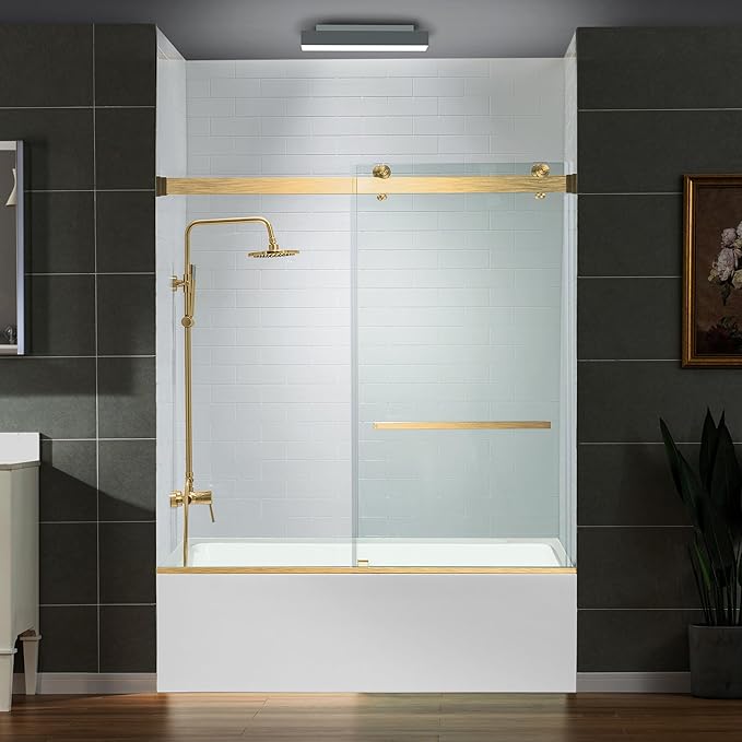 Woodbridge Frameless Bathtub Shower Doors 56-60" Width x 66" Height with 5/16"(8mm) Clear Tempered Glass, 2 Ways Opening & Double Sliding in Brushed Gold Finish