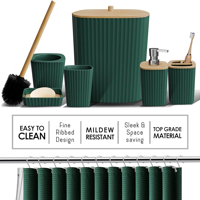 Clara Clark Bathroom Accessories Set - Bathroom Set, Bathroom Sets with Shower Curtain and Rugs, Shower Curtain Set with Bathroom Trash Can - Green - 22PC