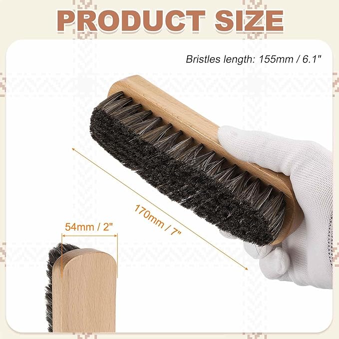 HARFINGTON Shoe Cleaning Brush 7"x2" Beech Wood Horsehair Boot Polish Brushes for Leather Shoes Boots Cloth Cleaner, Brown Wood