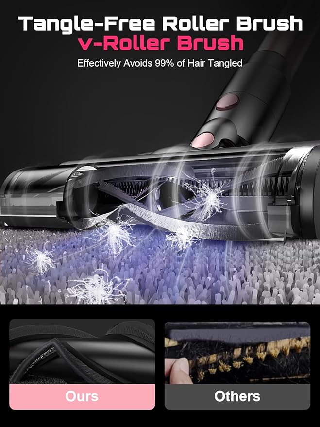 Cordless Vacuum Cleaner, 10 in 1 Stick Vacuum with Powerful Suction, Hose, Green LED Light, Anti-Tangle Brush, Lightweight Rechargeable Vacuum Cleaner for Home, Hardwood Floors, Carpets, Pet Hair,Pink