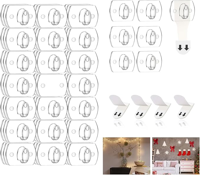 Ainiv 3-Packs Indoor Mini Light Clips, Damage Free Hanging Christmas String Light Hooks with Adhesive Strips, Clear Wall Clips for Hanging Lights Xmas Decor and Cables, 60 Clear Clips and 60 Strips