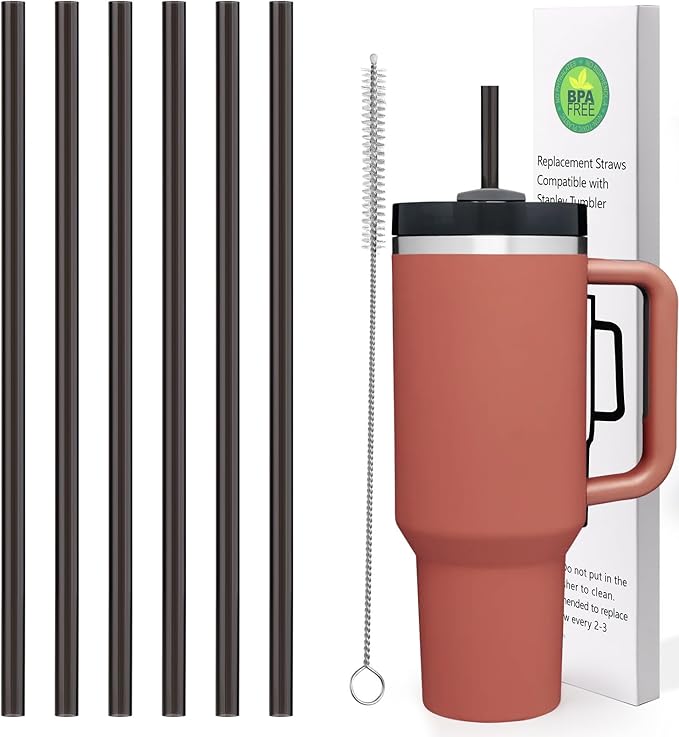 AIERSA 12Inch Replacement Black Straw for Stanley 40/30oz Cups,Plastic Reusable Straw for Stanley Quencher FlowState Tumbler, Long Drinking Straws with Cleaning Brush for Stanley Cup Accessories