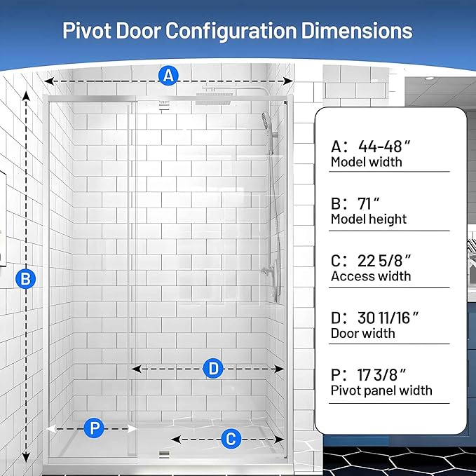 Pivot Glass Shower Door, 44–48" W x 71" H, 1/4"(6mm) Clear SGCC Tempered Glass, Chrome Finish, Magnetic Closure, Reversible Installation