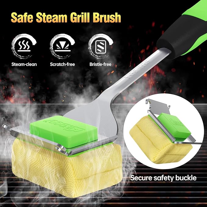 Grill Brush Bristle Free for Outdoor Grill, Steam Grill Cleaning Brush Replaceable BBQ Cleaner Brush Head,Extended Handle, Safe Grill Brush with Scraper for Cast Iron Stainless-Steel Grates
