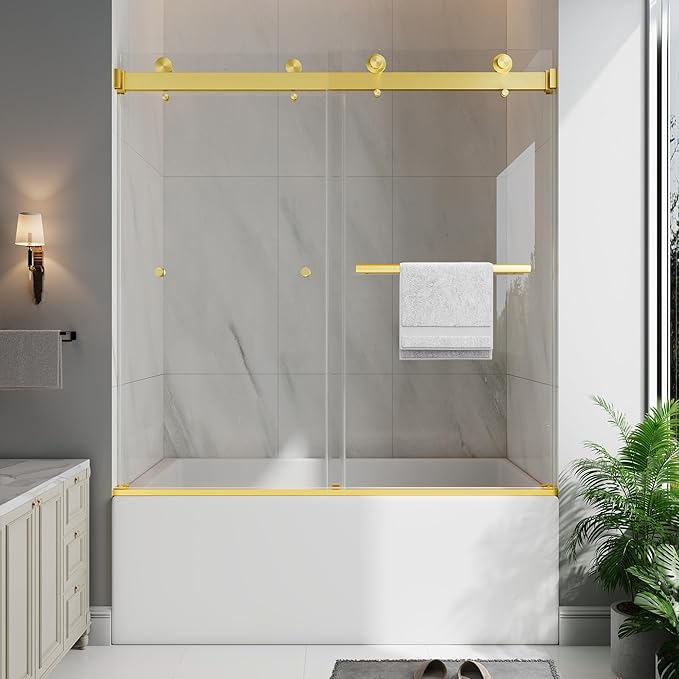 Frameless Bathtub Shower Door, 55-60" W x 60" H Double Sliding Tub Shower Door, 1/4''(6mm) SGCC Tempered Glass with Explosion-Proof Film Nano Coating, Brushed Gold