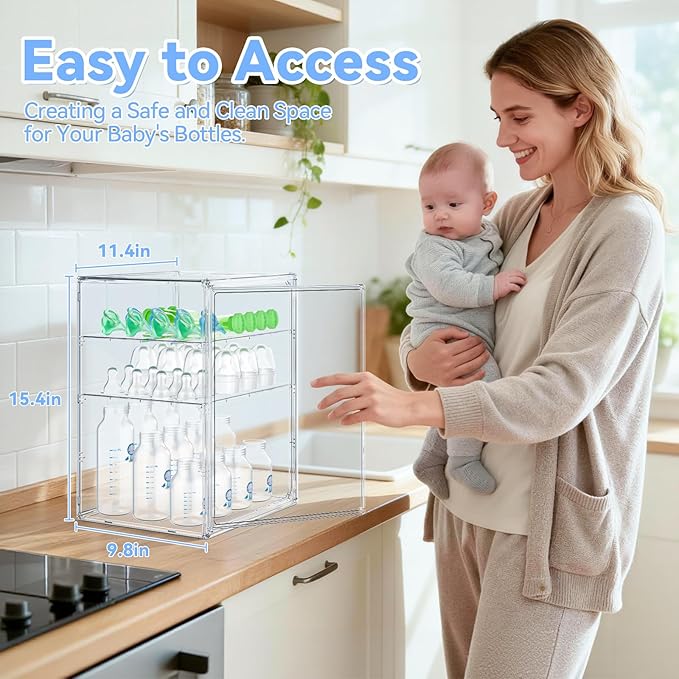 Baby Bottle Organizer for Countertop, X-Large Clear Bottle Storage Organizer, Baby Bottle Storage Organizer for Bottles, Nipples, Pump Parts & Food Jars, Nursery Cabinet, Kitchen Pantry