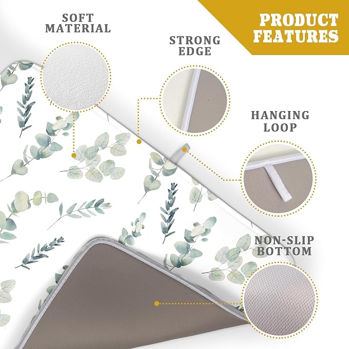 Eucalyptus Leaf Dish Drying Mat for Kitchen Counter Spring Summer Seasonal Microfiber Absorbent Dish Draining Reusable Washable Foldable Extra Large 18"x24"