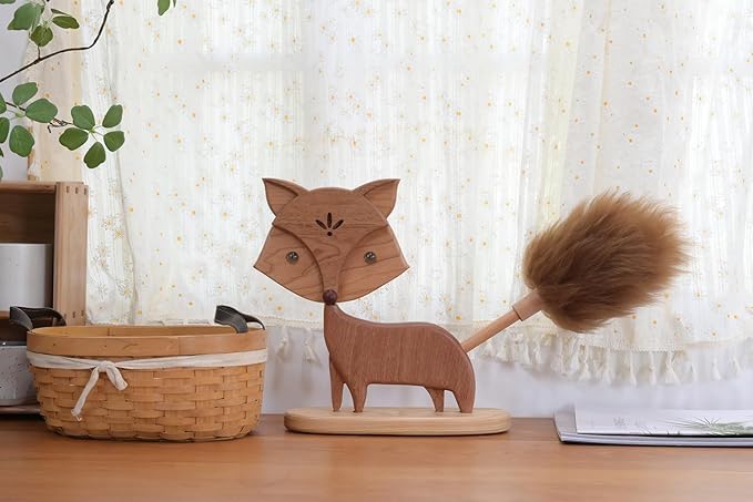 Cute Little Fox for Home Office Decor Small Wooden Feather Duster Lambswool Dusters for Cleaning with Decoration (Desktop Stand)