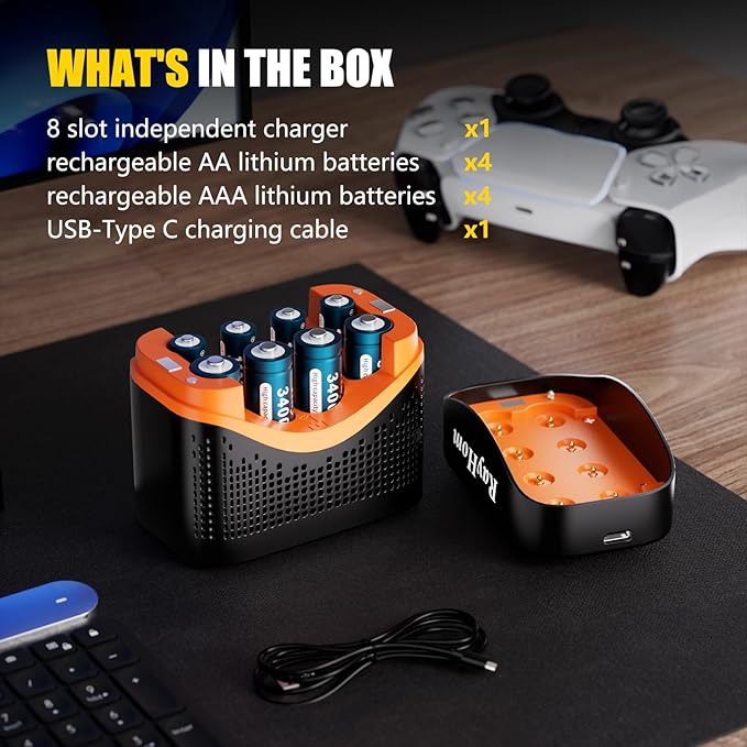 8Pack Rechargeable Lithium Batteries with Charger, 4 AA 3400mWh & 4 AAA 1100mWh 1.5V Lithium Battery Set, Fast Battery Charger Storage Case