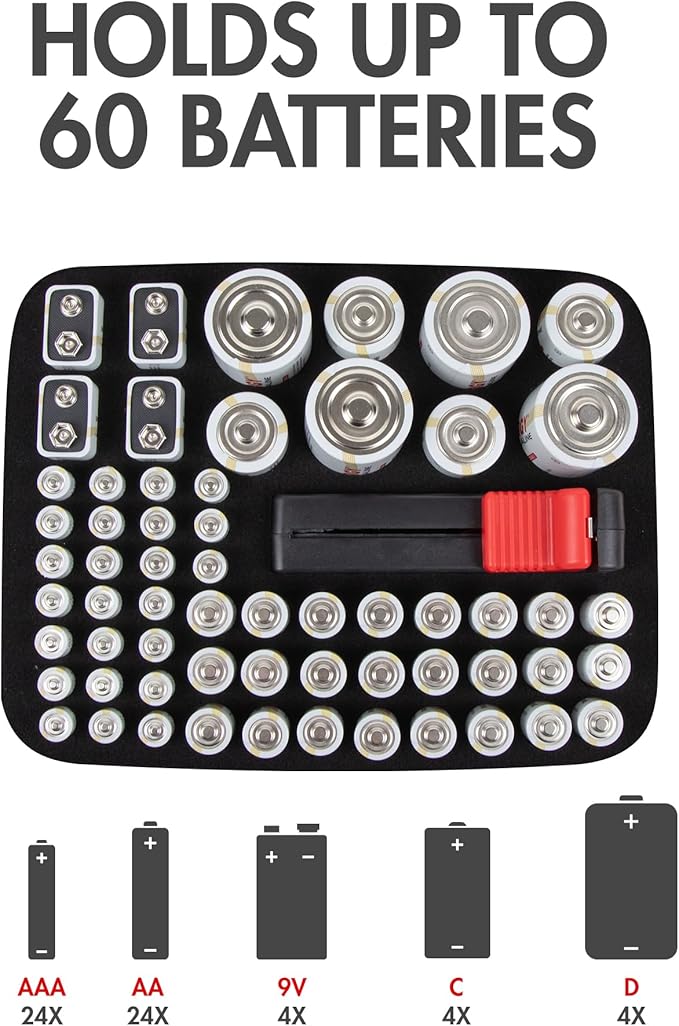 Tenergy Alkaline Batteries & Storage Case, 24xAAs, 24xAAAs, 4xC Size, 4xD Size, 4x9V Size Batteries, and Battery Organizer Case